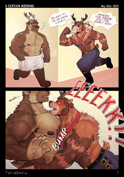 abs anthro antlers areola armpit_hair barazoku belt body_hair bottomwear bread brown_body brown_hair bumping chest_tuft clothing clothing_pull duo facial_hair food fur garter_belt garter_straps hair horn kilt legwear male male/male motion_lines multicolored_body multicolored_fur muscular muscular_anthro muscular_male necktie nipples pecs profanity running screaming side_view sideburns simple_background speech_bubble surprised tail text toast_in_mouth towel tuft toragoru don_(toragoru) lius_(toragoru) cervine deer mammal new_world_deer red_deer reindeer absurd_res comic english_text hi_res multiple_scenes watermark