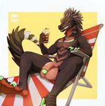 alto_(coopauccino) anthro balls beverage big_balls bodily_fluids duo feathers foreskin genitals glans green_glans male penis sitting summer sweat teeth zoke dinosaur feathered_dinosaur feathered_scalie prehistoric_species reptile scalie hi_res