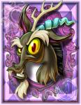 antlers border fangs horn looking_at_viewer male melting ornate_border portrait_(object) red_eyes sharp_teeth smile solo teeth harwick friendship_is_magic hasbro my_little_pony discord_(mlp) chimera draconequus 2013 bust_portrait pink_theme portrait