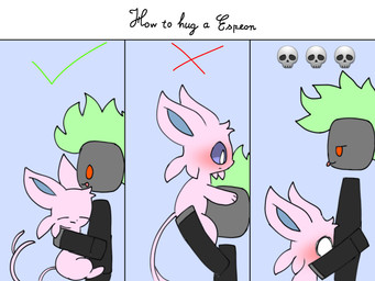ambiguous_gender black_clothing blue_background blue_inner_ear blush clothed clothing convenient_censorship duo eyes_closed feral floating_hands floating_head forked_tail fully_clothed fur green_hair grey_body hair holding_another hug mohawk narrowed_eyes open_mouth orange_eyes pink_body pink_ears pink_fur pink_tail purple_eyes shocked simple_background skull_emoji tail text tongue tongue_out unusual_anatomy unusual_tail conditional_dnp xammyxx nintendo pokemon djinn_(xammyxx) eeveelution espeon generation_2_pokemon pokemon_(species) robloxian 2026 4:3 digital_media_(artwork) english_description english_text flat_colors hi_res ibispaint_(artwork) sequence