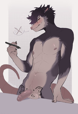 anthro athletic athletic_anthro athletic_male balls black_body black_fur black_hair black_nails blush blush_lines bodily_fluids body_writing brown_eyes colored_nails countershading crotch_tuft ear_piercing facial_piercing fangs fur genitals glistening glistening_body glistening_genitalia glistening_penis grey_body grey_fur hair hairless_tail humanoid_genitalia humanoid_penis looking_at_viewer male marker nails navel nipples nose_piercing nose_ring nude_anthro nude_male penis piercing pink_nose pink_tail ring_piercing simple_background solo sweat sweatdrop tail teeth text tuft white_background white_body white_countershading white_fur writing_on_self flochiie pussy-cat_(meme) american_opossum mammal marsupial 2026 artist_name digital_drawing_(artwork) digital_media_(artwork) hi_res