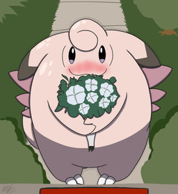 ambiguous_gender blush blushing_at_viewer bouquet ears_down flower flower_bouquet looking_at_viewer pivoted_ears plant smile smiling_at_viewer solo watistaht nintendo pokemon clefable generation_1_pokemon pokemon_(species) absurd_res hi_res