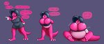 anthro belly big_belly big_breasts black_hair breast_expansion breasts clothing dialogue expansion female hair huge_breasts inflation pink_body simple_background sitting solo speech_bubble standing text lazygartuz damaris_(lazygartuz) scalie unknown_species english_text hi_res