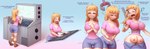ahoge blonde_hair blue_bottomwear blue_clothing blue_shorts boots bottomwear breast_expansion breast_growth breasts brown_boots brown_clothing brown_eyes brown_footwear clothing computer computer_keyboard covering covering_breasts crotch_breasts electronics expansion female footwear forced forced_transformation genitals growth hair long_hair nipples pink_clothing pink_shirt pink_topwear pussy restrained_torso robotic_arm shirt shoes shorts solo spilled_drink teat_growth teats topwear transformation transformation_by_machine zorym isabelle_(zorym) human mammal 2024 absurd_res comic hi_res
