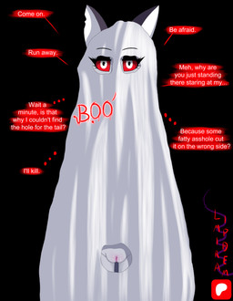 anthro clothed clothing disguise female fur genitals holidays humor looking_at_viewer profanity red_sclera simple_background solo text vulva white_body white_fur limpidream halloween hellaverse helluva_boss mythology loona_(helluva_boss) canid canid_demon canine canis demon ghost hellhound mammal mythological_canine mythological_creature spirit absurd_res digital_media_(artwork) english_text hi_res