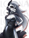 anthro breasts clothing collar dress female fur grey_body grey_fur latex solo pistachiohorror helluva_boss mythology loona_(helluva_boss) canid canid_demon canine canis demon hellhound mammal mythological_canine mythological_creature wolf hi_res