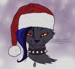 christmas_clothing christmas_headwear clothing collar fangs female feral fur hair hat headgear headwear heterochromia holidays inner_ear_fluff long_hair looking_at_viewer medallion narrowed_eyes santa_hat simple_background smile smirk snow solo spiked_collar spikes teeth tuft whiskers that1oneperson christmas ghost_aldaine domestic_cat felid feline felis mammal absurd_res hi_res