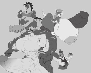 anthro balls big_balls big_breasts big_muscles big_penis breasts genitals group gynomorph horn huge_balls huge_breasts huge_muscles huge_penis hyper hyper_balls hyper_breasts hyper_genitalia hyper_muscles hyper_penis intersex licor male muscular penis tongue tongue_out vein veiny_muscles thewilldpink mythology canid canine dragon fox mammal mythological_creature mythological_scalie scalie wolf_demon hi_res sketch