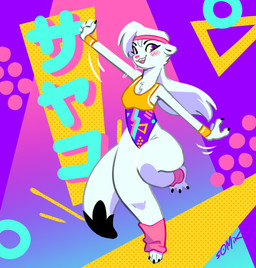 1980s_theme anthro biped black_markings blue_eyes bodily_fluids breasts claws clothed clothing dipstick_tail exercise eyebrows female front_view hair leotard long_hair looking_at_viewer markings on_one_leg open_mouth open_smile smile solo standing sweat sweatband tail tail_markings teeth text toe_claws tongue white_body white_hair somik mammal mustelid musteline stoat true_musteline weasel 2023 colorful_theme japanese_text