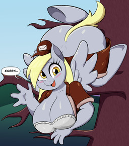 4_fingers anthro apology big_breasts big_butt blonde_hair blush bottomwear bottomwear_down bra breasts brown_bottomwear brown_clothing brown_hat brown_headwear brown_pants brown_shirt brown_topwear butt clothed clothed_anthro clothed_female clothing dialogue eyelashes feathered_wings feathers female fingers fur grey_body grey_feathers grey_fur hair hat headgear headwear in_tree open_clothing open_mouth open_shirt open_smile open_topwear pants pants_down partially_clothed plant shirt smile solo speech_bubble tail tongue topwear tree underwear white_bra white_clothing white_sclera white_underwear wings yellow_eyes yellow_tail someth1ngoranother friendship_is_magic hasbro my_little_pony mythology derpy_hooves_(mlp) equid equine mammal mythological_creature mythological_equine pegasus hi_res