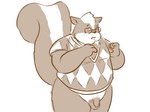 anthro balls clothed clothing eyewear flaccid foreskin genitals glasses humanoid_genitalia humanoid_hands humanoid_penis male overweight overweight_anthro overweight_male penis simple_background solo white_background caesarcub mammal mephitid skunk 2011