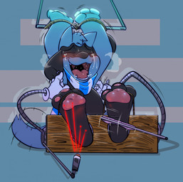 3_toes anthro black_body black_fur blue_body blue_fur bodily_fluids crying_laughing eyes_closed feet fur fur_tuft head_tuft laser laugh male multicolored_body multicolored_fur open_mouth open_smile pawpads paws pink_pawpads pink_tongue raised_arms restrained restrained_arms restraints robot_arms scarf smile solo stocks tail tail_motion tears teeth tickle_fetish tickle_torture tickling tickling_armpits tickling_feet tickling_machine toe_restraints toes tongue tuft darqlugia nintendo pokemon max_the_riolu generation_4_pokemon pokemon_(species) riolu hi_res