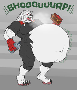 anthro beverage black_sclera bloated bodily_fluids burger burping food fur male musclegut muscular muscular_male overweight overweight_male pecs red_eyes rumbling_stomach saliva sharp_teeth solo teeth tongue white_body white_fur eggo21 image_comics invincible_(image_comics) thokk_(invincible) alien felid lion mammal pantherine absurd_res hi_res