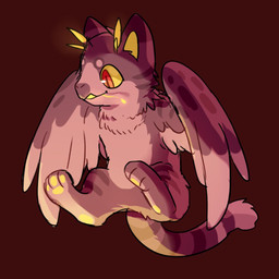 ambiguous_gender brown_background brown_body brown_ears brown_feathers brown_fur brown_tail brown_wings countershading feathered_wings feathers featureless_crotch fur markings pawpads pupils red_eyes simple_background slit_pupils smile solo striped_markings striped_tail stripes tail tail_markings three-quarter_view unsigned wings yellow_inner_ear yellow_pawpads yellow_sclera asnnonaka felid hybrid mammal 1:1 colored_sketch sketch