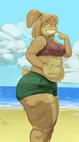 accessory anthro beach bell_accessory belly_grab big_butt blonde_hair blush blush_lines breasts butt cellulite clothing cloud day eyelashes female finger_in_mouth glistening glistening_body glistening_eyeshadow hair hair_accessory hairband huge_butt medium_breasts nail overweight overweight_anthro overweight_female sea shirt side_view smile solo standing swimming_trunks swimwear tail tank_top thick_thighs topwear translucent translucent_clothing water yellow_body wwexperiment animal_crossing nintendo isabelle_(animal_crossing) canid canine canis domestic_dog mammal shih_tzu toy_dog hi_res