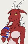 anthro beverage breasts drinking featureless_breasts female horn looking_at_viewer proboscis_(anatomy) red_body soda solo yellow_eyes yamabat scp_foundation scp-2636 bovid caprine mammal monster scalie hi_res