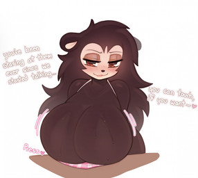 anthro apron apron_only big_breasts bodily_fluids breasts brown_body brown_fur brown_hair cleavage cleavage_overflow clothed clothing dialogue female fur hair huge_breasts inviting inviting_viewer long_hair looking_at_viewer open_:3 presenting presenting_breasts simple_background smile solo sweat sweaty_breasts text white_background raikissu animal_crossing nintendo sable_able eulipotyphlan hedgehog mammal 2025 english_text hi_res