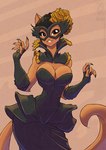 2021 anthro big_breasts black_hair breasts brown_body brown_fur claws cleavage clothed clothing conditional_dnp domestic_cat dress felid feline felis female flower fur grin hair jollyjack mammal mask plant simple_background smile solo tan_background tan_body tan_fur