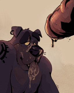 anthro black_nose bodily_fluids cum cum_on_face cum_on_tongue duo ear_piercing ear_ring erection fur genital_fluids genitals glans grey_body grey_fur humanoid_genitalia humanoid_penis male male/male moobs narrowed_eyes nude open_mouth overweight overweight_anthro overweight_male penis piercing red_penis ring_piercing simple_background solo_focus teeth tongue tongue_out vein veiny_penis chocolateandmilk canid canine canis domestic_dog mammal 2021 dated signature