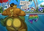 anthro belly big_belly big_butt butt chair clothing clothing_aside furniture male nude obese obese_anthro obese_male overweight overweight_anthro overweight_male pool sky solo tail tail_aside text thick_thighs cobaltgrande jake_(jakethenerdyfox) canid canine fox mammal english_text hi_res