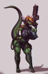 anthro big_breasts black_nipples blue_eyes boots breasts clothed clothing female footwear gun high_heeled_boots high_heels horn legwear looking_at_viewer machine military nipples non-mammal_breasts non-mammal_nipples ranged_weapon rifle shoes simple_background soldier solo tail thigh_boots thigh_highs toeless_footwear warrior weapon talynn mythology android dragon mythological_creature mythological_scalie reptile robot scalie 2016 hi_res