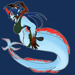 4_eyes belt black_sclera blue_body blue_hair bone bra claws clothing female gills hair legless mandibles markings multi_eye red_markings red_tattoo solo split_form tattoo teeth underwear puppetmaster13uwu subnautica unknown_worlds_entertainment humanoid marine merfolk reaper_leviathan_(subnautica) 1:1 alpha_channel
