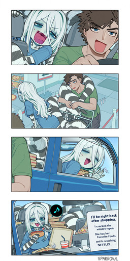 5_fingers apode big_breasts black_body black_bottomwear black_clothing black_scales black_shorts black_tail black_text blue_clothing blue_eyes blue_shirt blue_topwear bottomwear box bread breasts brown_eyebrows brown_hair car cellphone chicken_meat clothed clothed_female clothed_human clothed_humanoid clothed_male clothing collarbone container cup disposable_cup doormat drinking_straw driving duo electronics excited eyebrows eyelashes eyes_closed fangs female female_humanoid fingers food furniture gesture green_clothing green_shirt green_topwear grocery_store hair happy hot_dog hot_dog_bun humanoid_hands in_shopping_cart inside inside_car inside_vehicle ketchup legless long_hair male male_human markings meat monster_girl_(genre) multicolored_body multicolored_hair multicolored_scales musical_note musical_symbol mustard open_mouth open_smile pale_skin pepperoni pepperoni_pizza phone phone_stand pink_tongue pizza pizza_box pizza_saver pupils roast_chicken scales seat_belt serpentine shirt shopping_cart short_hair short_sleeves shorts sign slit_pupils smartphone smile split_form store striped_body striped_markings striped_scales striped_tail stripes symbol t-shirt table tail tail_around_shoulders tail_markings teal_eyes teal_hair teeth text tongue topwear two_tone_body two_tone_hair two_tone_scales two_tone_tail vehicle waving white_body white_eyebrows white_hair white_scales white_tail windshield_wiper sparrowl edan_(sparrowl) ivy_(sparrowl) animal_humanoid draconcopode human humanoid lamia mammal reptile reptile_humanoid scalie scalie_humanoid snake snake_humanoid 2025 absurd_res artist_name comic english_text hi_res