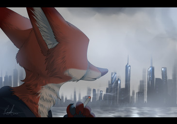 anthro black_pawpads building cigarette city claws clothed clothing detailed_background fur holding_cigarette holding_object inner_ear_fluff male neck_tuft pawpads smoke solo tuft water relaxablefur disney zootopia nick_wilde canid canine fox mammal red_fox true_fox 2020 hi_res letterbox signature