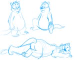 anthro biped eyes_closed feet lying multiple_poses pose simple_background sitting slightly_chubby solo sobieniak brok_the_investigator cowcat_games tramp_(brok_the_investigator) cricetid mammal muskrat rodent 2021 5:4 blue_and_white hi_res model_sheet monochrome sketch