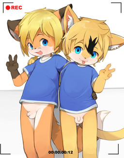 4_fingers anthro balls blep blonde_hair blue_clothing blue_eyes blue_shirt blue_topwear bottomless clothed clothing duo fingers flaccid foreskin fur genitals gesture hair hand_gesture male open_mouth orange_body orange_ears orange_fur penis pink_tongue shirt tongue tongue_out topwear unretracted_foreskin v_sign young young_anthro young_male yupa canid canine domestic_cat felid feline felis fox mammal absurd_res hi_res