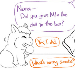 ambiguous_feral ambiguous_gender ambiguous_human clothing color_coded_text dialogue duo eyes_closed feral footwear grin hair hand_on_chin mostly_offscreen_character orange_text purple_text shoes side_view sitting slippers smile solo_focus teeth text young young_ambiguous young_feral yellowcottoncandy030 fluffy_pony fluffy_pony_(species) human mammal 1:1 2025 digital_drawing_(artwork) digital_media_(artwork) hi_res