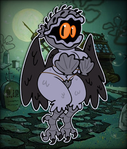 anthro black_body black_feathers bra clothing feathers feet female purple_body purple_feathers red_eyes seashell_bra solo talons toes underwear wings skeletonhearts nickelodeon spongebob_squarepants aquatic avian bird bivalve clam mollusk owl owl_clam_(spongebob) hi_res