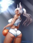 ball basketball_(ball) basketball_uniform breasts butt camel_toe clothing cosplay female hair holding_object ponytail shirt solo sportswear tan_body tan_skin tank_top text text_on_clothing text_on_shirt text_on_tank_top text_on_topwear topwear uniform white_hair nofuture looney_tunes my_hero_academia warner_brothers lola_bunny rumi_usagiyama animal_humanoid humanoid lagomorph lagomorph_humanoid leporid_humanoid mammal mammal_humanoid rabbit_humanoid 2021 absurd_res english_text hi_res url