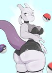 anthro biped breasts butt clothed clothing eyelashes female legwear looking_back mouth_closed pupils simple_background solo standing thick_thighs thigh_highs three-quarter_view usnarbit nintendo pokemon generation_1_pokemon legendary_pokemon mewtwo pokemon_(species) hi_res