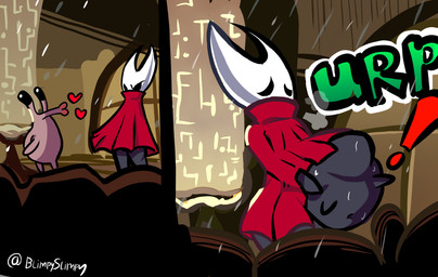 annoyed annoyed_pred anthro belly big_belly black_body burping cloak clothing exclamation_point expressive_mask female female/female female_pred female_prey heart_symbol lips mask red_cloak red_clothing red_lips thick_thighs vore white_mask blimpyslimpy hollow_knight:_silksong hollow_knight_(franchise) team_cherry hornet_(hollow_knight) nuu_(hollow_knight:_silksong) arachnid arthropod gastropod mollusk absurd_res hi_res