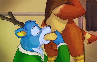 anthro antlers barbell blue_body blue_fur bottomless bottomless_anthro bottomless_male brown_body brown_feathers clothed clothing clothing_lift duo eyes_closed feathers fellatio fur genitals hand_on_penis horn kneeling_oral_position male oral penile penis sex shirt shirt_lift standing tail tail_feathers topwear weight_bench weights winged_arms wings yellow_inner_ear verdantotter animal_crossing nintendo bam_(animal_crossing) sparro_(animal_crossing) avian bird deer mammal 2024 digital_drawing_(artwork) digital_media_(artwork) english_description hi_res