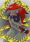 anthro anthrofied barricade_tape blush caution_tape chest_tuft claws female fur genitals gradient_background green_eyes grey_background hair hazard_stripes pokemorph pussy red_claws red_hair simple_background solo tape tuft skykain nintendo pokemon canid canine generation_5_pokemon mammal pokemon_(species) zoroark