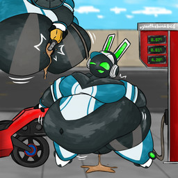 anthro belly belly_expansion big_belly big_breasts big_butt black_body blue_clothing blue_sky blue_topwear breasts butt clothing cloud electronics empty_eyes expansion female footwear gasoline gasoline_inflation gasoline_pump green_eyes green_inner_ear green_mouth hat headgear headphones headset headwear hose hose_in_butt hose_inflation huge_belly huge_breasts huge_butt huge_thighs hyper hyper_belly hyper_butt inflation liquid_inflation looking_pleasured machine motion_lines motorcycle multiple_angles navel obese obese_anthro obese_female open_mouth open_smile outside overweight overweight_anthro overweight_female road shoes sky smile solo swelling text thick_thighs topwear vehicle white_clothing white_ears white_footwear white_hat white_headset white_headwear white_shoes white_topwear uponthebunkbed project_turboblast tempo_(project_turboblast) lagomorph leporid mammal rabbit robot robot_anthro 1:1 2026 artist_name colored digital_media_(artwork) hi_res shaded