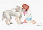 bite blood blood_in_mouth blood_on_clothing blood_on_face blood_pool bodily_fluids bottomwear brown_hair claws clothing denim denim_bottomwear denim_clothing denim_shorts duo ears_back facing_away_from_viewer feet feral fur gore grey_body grey_fur hair hug kneeling male multicolored_body multicolored_fur pivoted_ears scratches shirt shorts simple_background soles topwear white_background white_clothing white_shirt white_topwear wounded young young_human darkcyndoge canid canine canis human mammal wolf graphite_(artwork) painting_(artwork) traditional_media_(artwork) traditional_painting_(artwork) traditional_watercolor_(artwork) watercolor_(artwork)