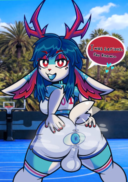 anthro antlers anus balls basketball basketball_uniform big_butt blue_anus blue_body blue_hair bodily_fluids bottomwear breasts butt butt_focus clothing genitals gynomorph hair happy horn humiliation intersex kiss_my_ass mocking musk red_eyes red_nose shorts solo sportswear sweat tail taunting text tight_clothing torn_bottomwear torn_clothing torn_shorts uniform rubber2d aj_jackalope jackalope lagomorph leporid mammal rabbit absurd_res english_text hi_res