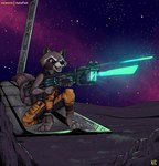 anthro clothing gun happy male planet ranged_weapon ship shooting shooting_gun solo space uniform vehicle watercraft weapon katxfish guardians_of_the_galaxy marvel rocket_raccoon mammal procyonid raccoon absurd_res hi_res