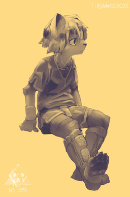 4_fingers 4_toes anthro armor biped bottomwear claws clothed clothed_anthro clothed_male clothing feet fingers greaves logo looking_aside male male_anthro pawpads paws plantigrade plantigrade_pawpads shirt shorts simple_background sitting solo three-quarter_view toe_claws toes topwear wristband young young_anthro young_male john002021 canid canine mammal 2023 absurd_res artist_logo digital_media_(artwork) hi_res monochrome
