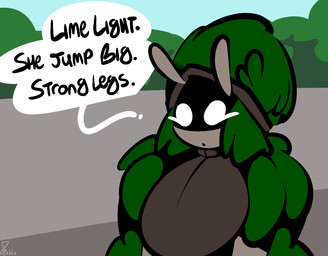 anthro brown_body brown_skin circle_eyes clothing dialogue female green_hair hair jumpsuit racing_uniform shadow_face shell_hat solo speech_bubble white_eyes thefablednekos spiral_stream_derby mossy_stone gastropod mollusk snail