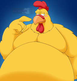anthro blue_background blush embarrassed male moobs morbidly_obese obese overweight simple_background solo yellow_body pt80s0up avengers_infinity_war bro_what_thanos_meme family_guy marvel marvel_cinematic_universe ernie_the_giant_chicken thanos avian bird chicken galliform phasianid digital_drawing_(artwork) digital_media_(artwork) hi_res meme
