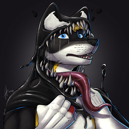ambiguous_gender anthro black_body black_fur blue_eyes bodily_fluids drooling duo fangs front_view fur glistening glistening_eyes goo_transformation male male_anthro markings open_mouth pattern_background red_tongue saliva saliva_string sharp_teeth simple_background teeth tongue transformation venom white_body white_fur yellow_markings hufnaar canid canine goo_creature mammal 1:1 2020 dated hi_res