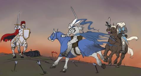 ambiguous_gender anthro armor arrow_(weapon) battle blood bodily_fluids bridle caparison chainmail charging clothing corpse dirty dirty_clothing feral galloping knight male melee_weapon plate_armor ranged_weapon riding saddle shield sword tack warrior weapon revertigo art_fight artfight2025 european_mythology greek_mythology mythology borzoi canid canine canis centaur domestic_dog equid equid_taur equine horse humanoid_taur hunting_dog lagomorph leporid mammal mammal_taur rabbit sighthound taur 2025 flat_colors hi_res