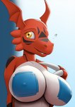 anthro big_breasts breasts female huge_breasts nipple_outline pasties red_body solo creatiffy bandai_namco digimon digimon_(species) guilmon hi_res