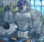 apron apron_only barazoku blush blush_lines chest_tuft clothing cooking detailed_background dipstick_tail extreme_size_difference food grey_body hair holding_micro holding_object houseplant logo male markings micro muscular muscular_male pancake pecs purple_hair size_difference spots spotted_body stovetop tail tail_markings tuft tribdinosaur ja'aran_(sona) felid mammal pantherine snow_leopard artist_logo artist_name hi_res signature