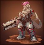 anthro armor blizzard_entertainment breasts clothed clothing female fish gun hair hi_res looking_at_viewer marine muscular muscular_anthro muscular_female neodokuro non-mammal_breasts overwatch ranged_weapon rifle shark sharp_teeth smile solo standing technology teeth vishka weapon zarya_(overwatch)