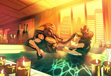 beverage candle female group hot_tub hug male male/female male/male relaxing romantic romantic_trio ruffling_hair shirtless_human shirtless_humanoid trio water squarerootofdestiny bioware electronic_arts mass_effect devian_malcius haruka_watanabe novina_tanidos alien human humanoid mammal turian hi_res